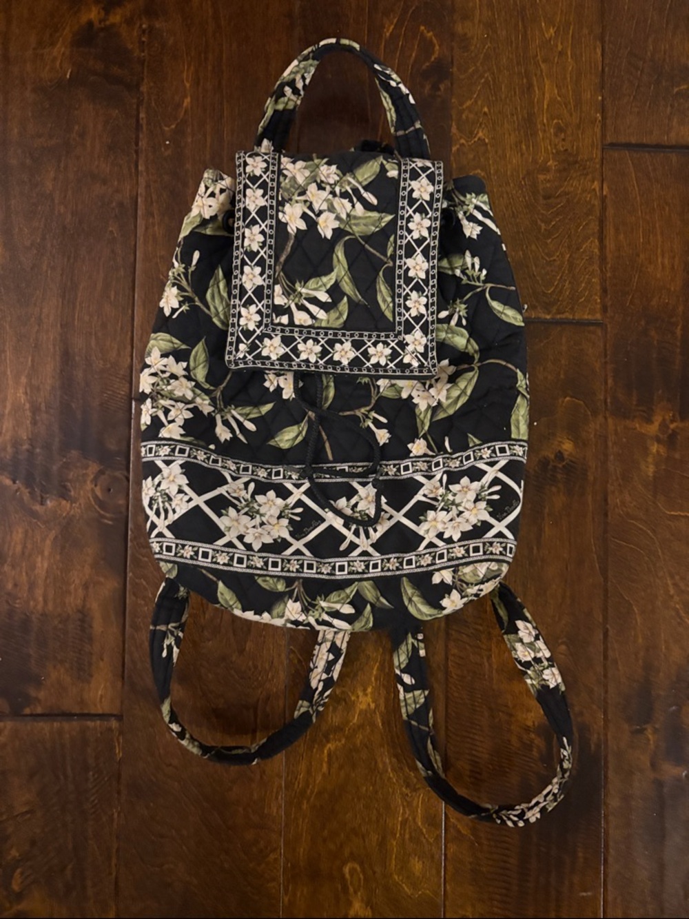 Vera Bradley, Quilted Floral Drawstring Backpack - Black Floral